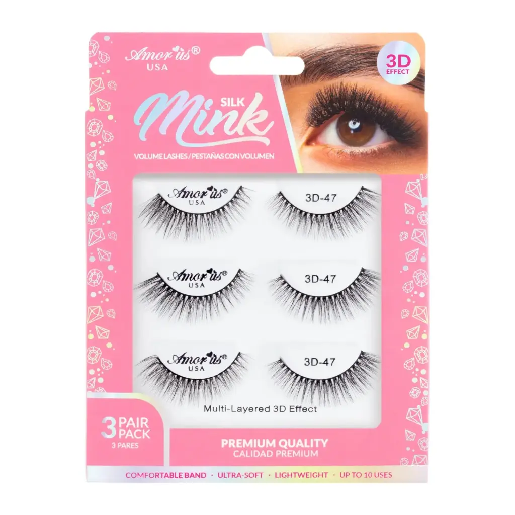 AMOR US Mink Lashes Pack 3D 3P #47 – Pestañas Postizas Volumen 3D