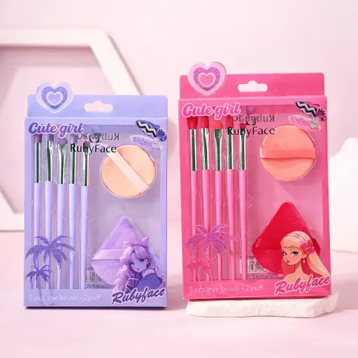 [6972547650632] RUBY FACE Cute Girl 5 pcs eye brush + 2 puff 7 pcs
